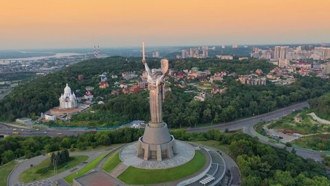Drone footage Aerial view of the Motherland Monument in Kiev Kyiv, Ukraine