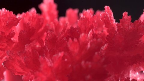In the frame, crystals grown in the laboratory. Red crystals are bright and beautiful, on a black background. abstraction
