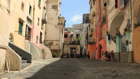 Procida Island. Naples, Italy. Village of Procida, Mediterranean Sea, near Naples. Characteristic Mediterranean-style courtyard with colorful houses.