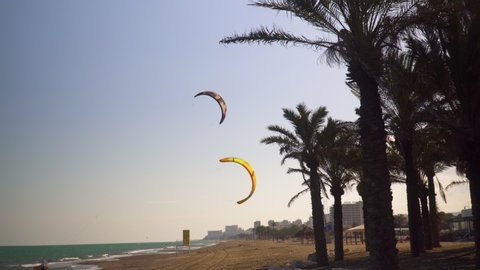 Torremolinos / Spain - 04 26 2019: Kitesurfers At The Beach Early In The Spring