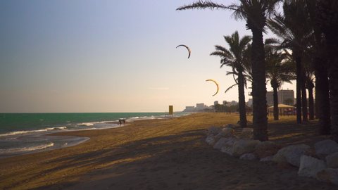 Torremolinos / Spain - 04 26 2019: Kitesurfers At The Beach Early In The Spring