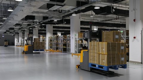 BEIJING, CHINA - JUNE 01, 2019: Modern automation of warehouse production in China.