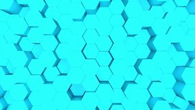 Abstract blue hexagon motion background. Close-up 3D animation of a turquoise hexagons rising up and down. Top view, random motion, seamless loop.