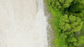 Aerial view of land cleared revealing gravel road and trees on the side from rapid development showing contrast - Drone Footage 