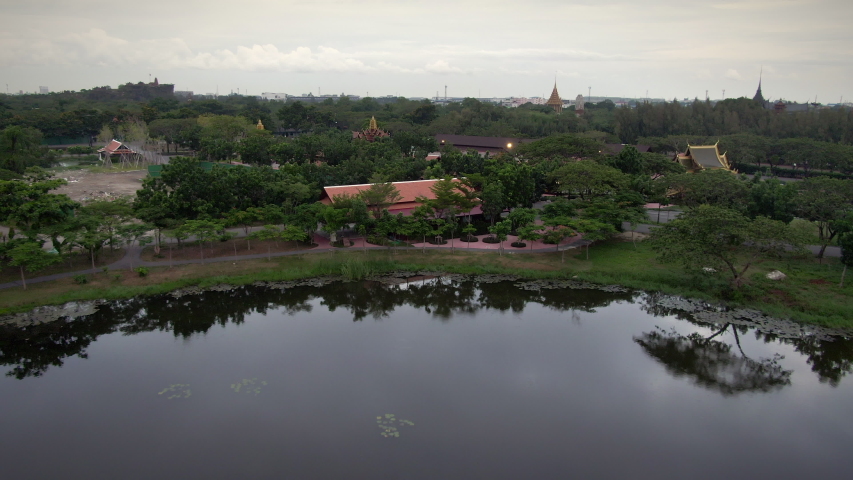 Bangkok, Thailand, aerial view, flying backwards over the Semeru Mountain Palace at Ancient Siam (Mueang Boran).