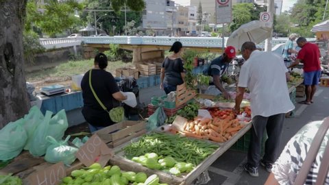 Barra do Piraí , Rio de Janeiro / Brazil - 03 24 2019: People shop for produce at an outdoor market.