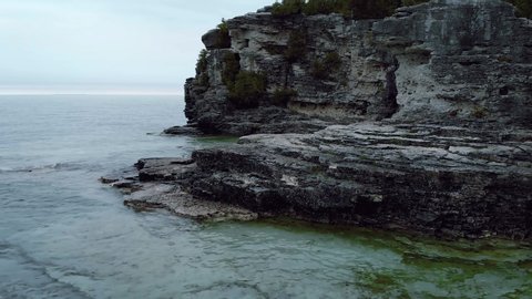 Aerial footage from drone with amazing view over Lake Huron and Indian Head Cove in Bruce Peninsula, Ontario, Canada