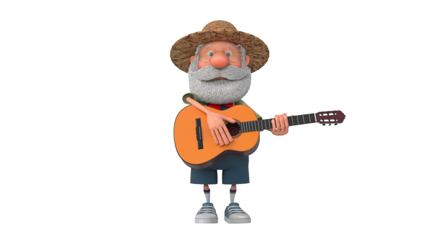 3d illustration cheerful farmer scout plays the guitar/3d illustration an elderly bearded peasant plays musical instruments