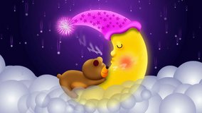 bear cartoon sleeping on moon and beautiful shootihg stars, looped video background for lullabies, calming ,relaxing