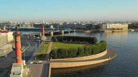Saint Petersburg, Russia. Aerial drone view of the Neva river, Vasilievsky island and Rostral columns at sunrise