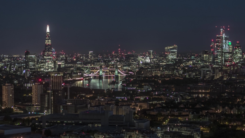 Establishing Aerial View of London, Tower Bridge, Shard, London Skyline, United Kingdom