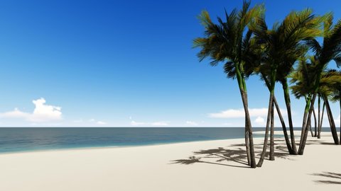 Tropical exotic island in ocean footage. Swaying palm trees in wind, breeze realistic animation. Paradise deserted island beach, coast and blue sky, seascape. Sea waves washing up shore 4k video