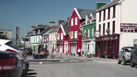 Dingle , County Kerry / Ireland - 07 29 2018: Dingle, County Kerry, Ireland 29. july 2018 - accommodation houses with colorful facades on the Dingle street