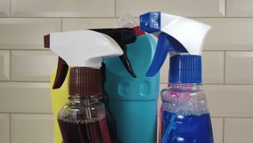 different products and items for cleaning on the floor in the kitchen. Concept cleaning. Rotation video
