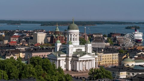Establishing Aerial view of Helsinki, Helsinki Cathedral, Uspenski Cathedral, Finland