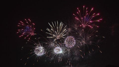 Wonderful pyrotechnical fireworks show in the night sky.
