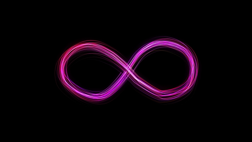 Infinity symbol appears of multiple glowing lines, animated figure. Emerging glowing gradient purple and pink infinity sign on black background from many lines. Lines draw moving infinity sign. | Shutterstock HD Video #1034821850
