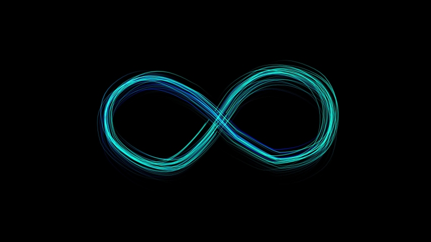 Infinity symbol appears of multiple glowing lines, animated figure. Emerging glowing turquoise infinity sign on black background from many lines. Lines draw moving infinity sign. | Shutterstock HD Video #1034821853