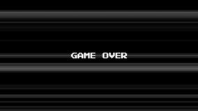 End of the game or some challenge, glitch effect. Black and white animated noise lines video glitches background with game over inscription. Losing a computer game retro style.