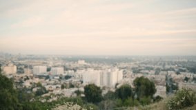 Twin-sisters ready for workout, motivational video, looking at each other, hiking on Los Angeles hills, cityscape on background.