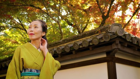 Elegant Japanese woman enjoying a park in Kyoto Japan. Stock Video