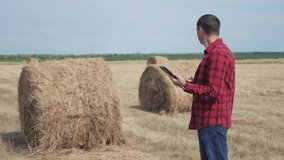 smart farming agriculture concept. man lifestyle worker farmer studying a haystack in a field on digital tablet. slow motion video. male agronomist botanist farmer working in the field
