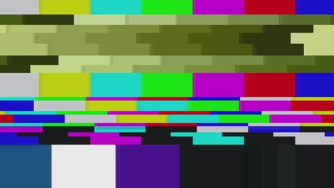Color Bars data glitches. A looped set of color bars experiencing technical difficulties, being distorted with data glitches, dropped pixels, signal interference and other digital anomalies.
