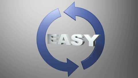The word EASY surrounded by two blue arrows rotating around it - 3D rendering videoclip