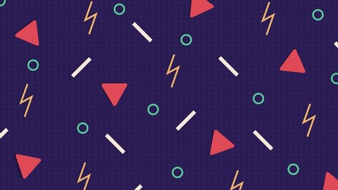 Retro abstract design purple pattern background with colorful triangles, circles, lines and zigzags. Memphis style with geometrical shapes of different vintage colors. Animated vintage from 80-90s.