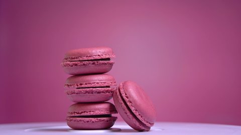 French macarons, sweet cookie spinning close-up
