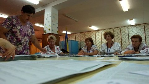 Vinnitsa, Ukraine - July 21, 2019: Ukrainian parliamentary elections. Counting votes at the polling station