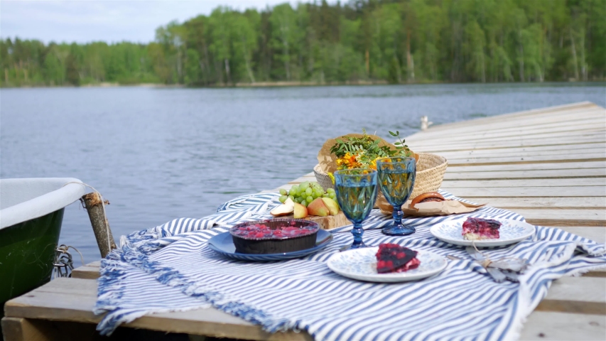 picnic on the pier by the lake