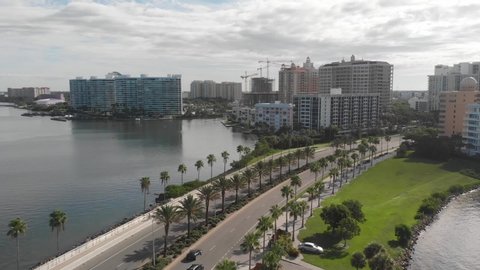 Aerial view of palm tree-lined John Ringling Causeway in Sarasota, Florida. The Gulf Coast of Florida, USA