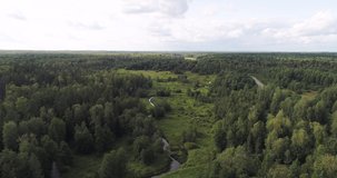 Aerial view of forest river running along swamps and fields. Drone 4K video