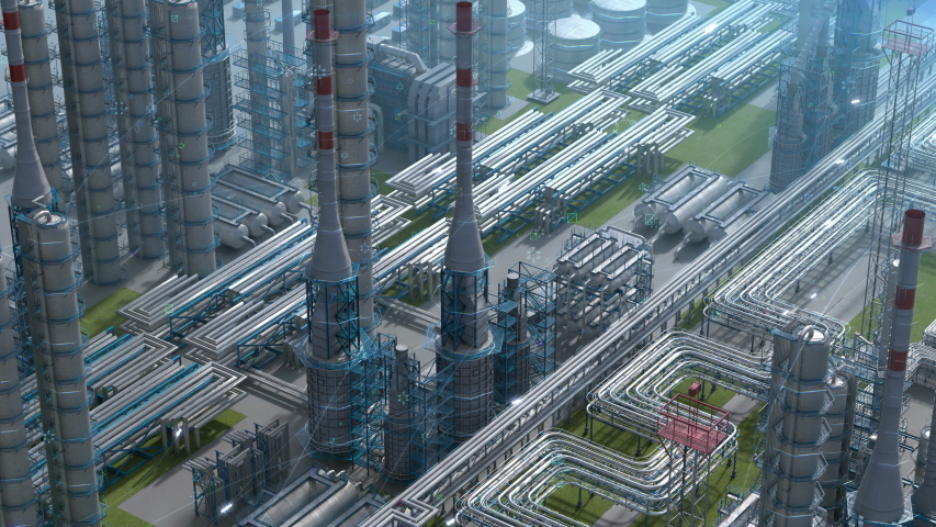 Oil and gas refinery plant factory with chemical formula design, isometric view, industry petroleum zone, pipe steel and oil storage tank. Aerial drone fly plant shot. 3D generated image. Background. Royalty-Free Stock Footage #1034847524