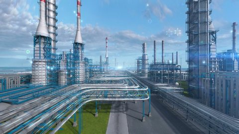 Oil and gas refinery plant factory with chemical formula design, industry petroleum zone, pipe steel and oil storage tank at blue day sky. Abstract camera move, aerial drone fly. 3D generated image.