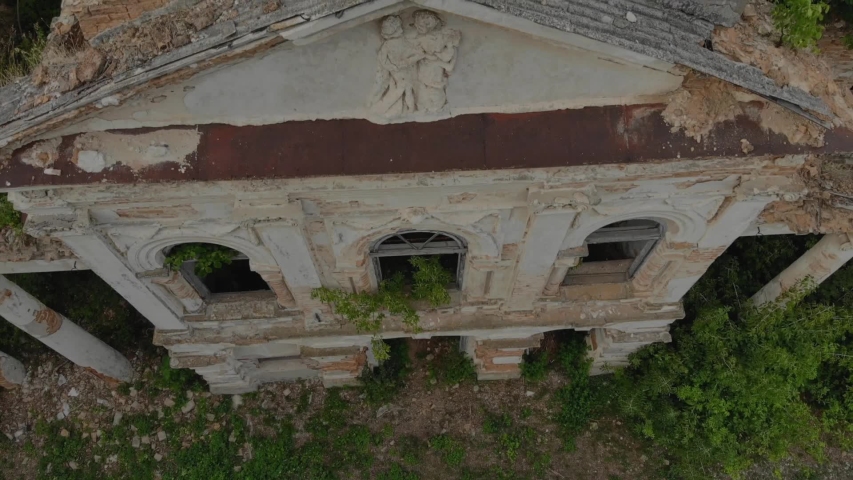 Old abandoned palace mansion house ruined facade exterior white two ...