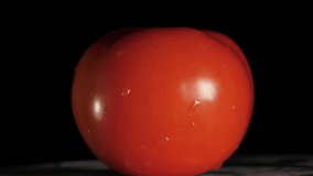 Delicious dripping fresh tomato rotating in a black background. Ideal for food, kitchen, cooking, health, freshness, and agriculture videos among others. Vegetarian and vegan food.
