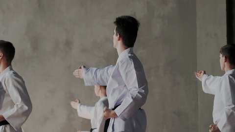 A group of young people in the martial arts class perform an attack and kicks. Professional athletes are preparing for a championship or competition. Taekwondo or karate.