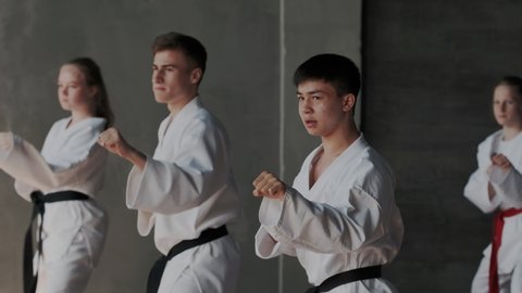 Group training fighting stance in martial arts. Warlike, brave Male and female teens practice fight technique. They show powerful kicks and raise their legs high up. Combat stance.