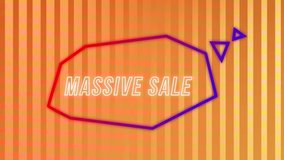 Animation of the words Massive Sale in white outline appearing in an angular purple and red thought bubble on a changing orange vertical lined background - Powered by Shutterstock - Get 15% off with code: PIKWIZARD15