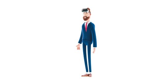 Billy cartoon businessman character using virtual reality glasses and touching vr interface on white background. 3d render illustration. Looped video. 