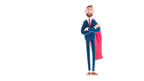 Billy cartoon businessman character  clothed like a superhero on white background. 3d render illustration. Looped video. 