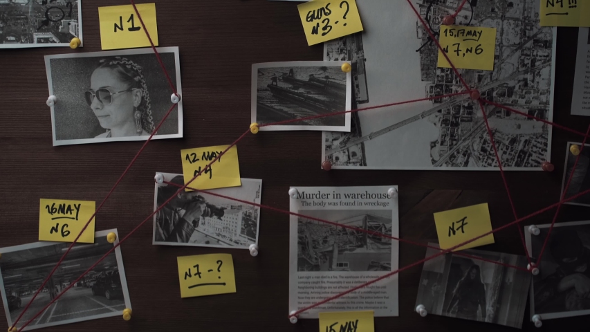 Detective board with photos of suspected criminals, crime scenes and evidence with red threads
