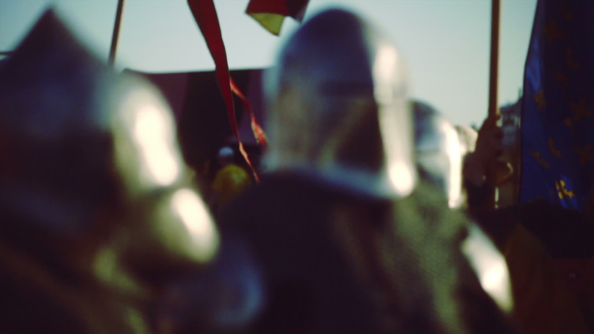 Knights medieval battle reconstruction. Blurred motion.