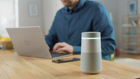 Man Sitting at His Desk Works on Laptop, Beside Him Smart Speaker with Artificial Intelligence Assistance Answers Questions, Plays Music, Podcast. Speaker Shows Equalizer Lights
