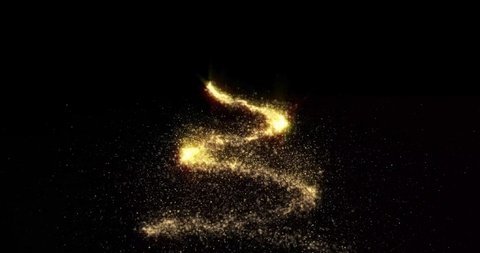 Gold glitter light trail spiral. Golden magic twirl Christmas tree of glittering starry sparkles on black background – Stockvideo