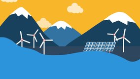 Animation of sea waves, turning wind turbines and solar panels against snow capped mountains and a yellow sky - Powered by Shutterstock - Get 15% off with code: PIKWIZARD15