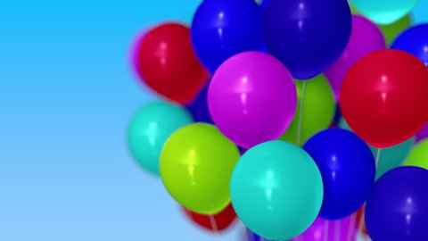 Many helium balloons against blue sky. 3D animation