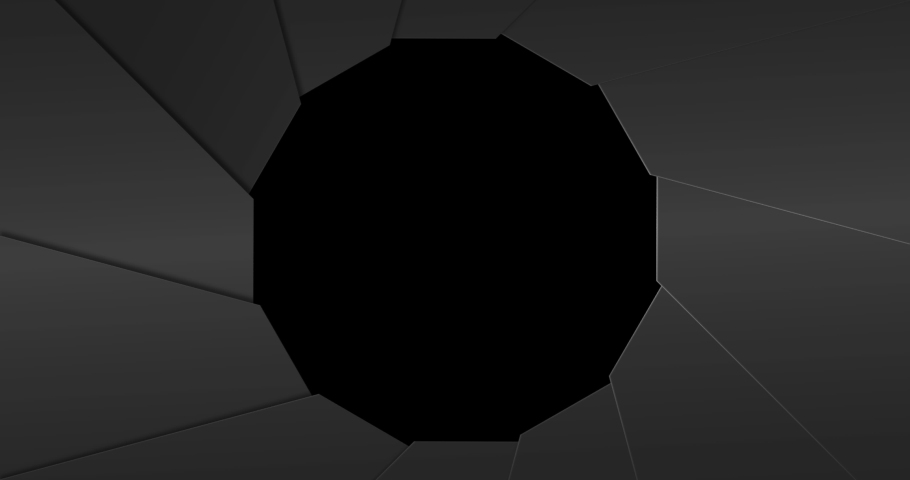Digital animation of camera shutter opening and closing with copy space on black background 4k